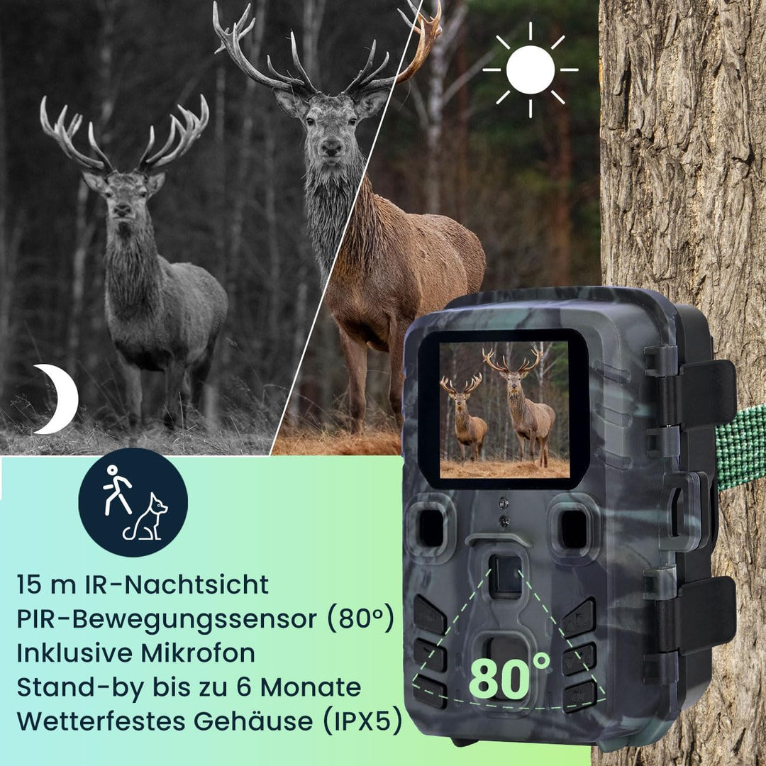 Kompakte Wildkamera, Full HD, PIR Bewegungssensor, Nachtsicht mit IR LEDs, IPX5, 180g leicht, Farbdi