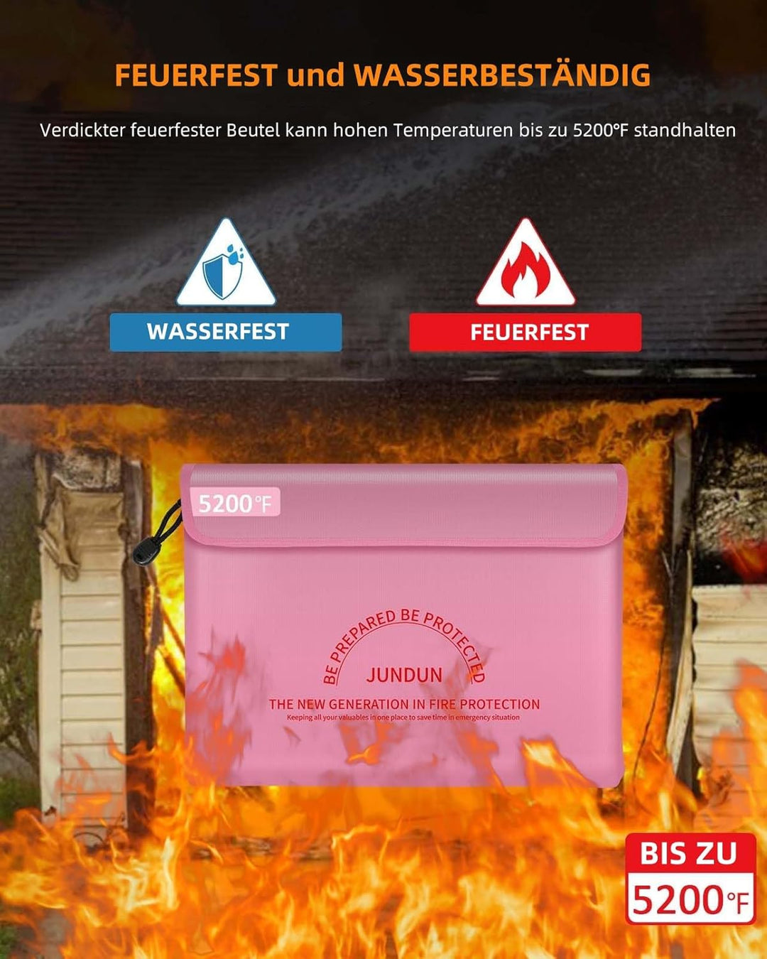 JUNDUN Feuerfeste Dokumententasche mit 5200℉ Wärmeisolierung, 36x26cm wasserdichte und feuerfeste Ge