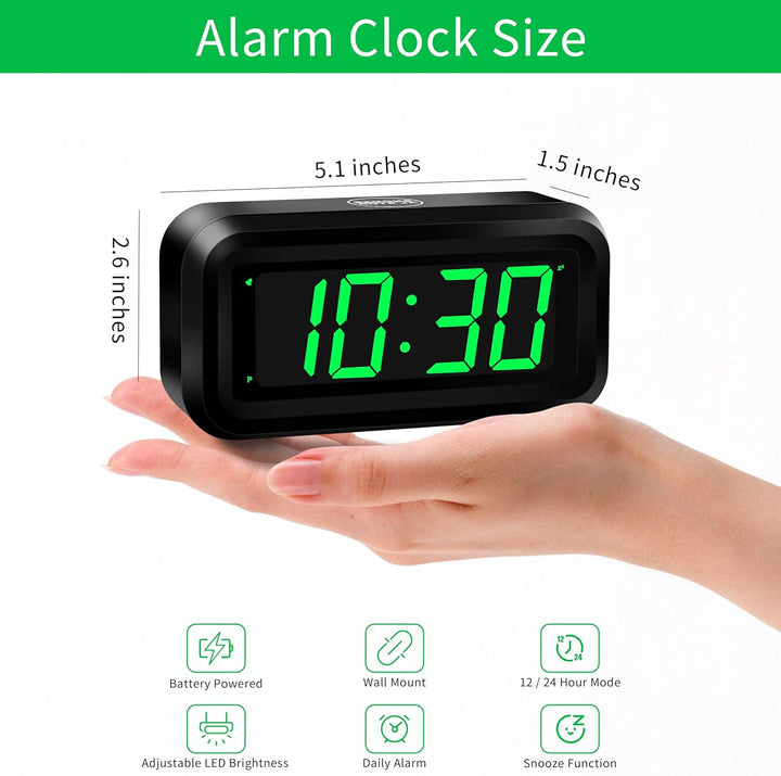KWANWA Digitaler Wecker, LED Uhr Batteriebetrieben Tischuhr mit 3 Einstellbarer Helligkeit/Snooze/Oh