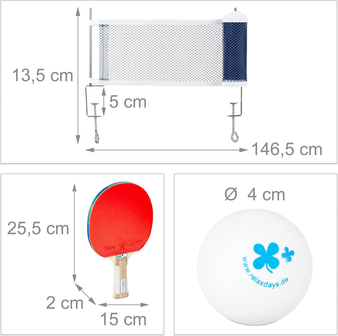 Relaxdays Tischtennis Set mit Netz, HxBxT: 27 x 17 x 5 cm, 2 konische Schläger, 3 Tischtennisbälle,
