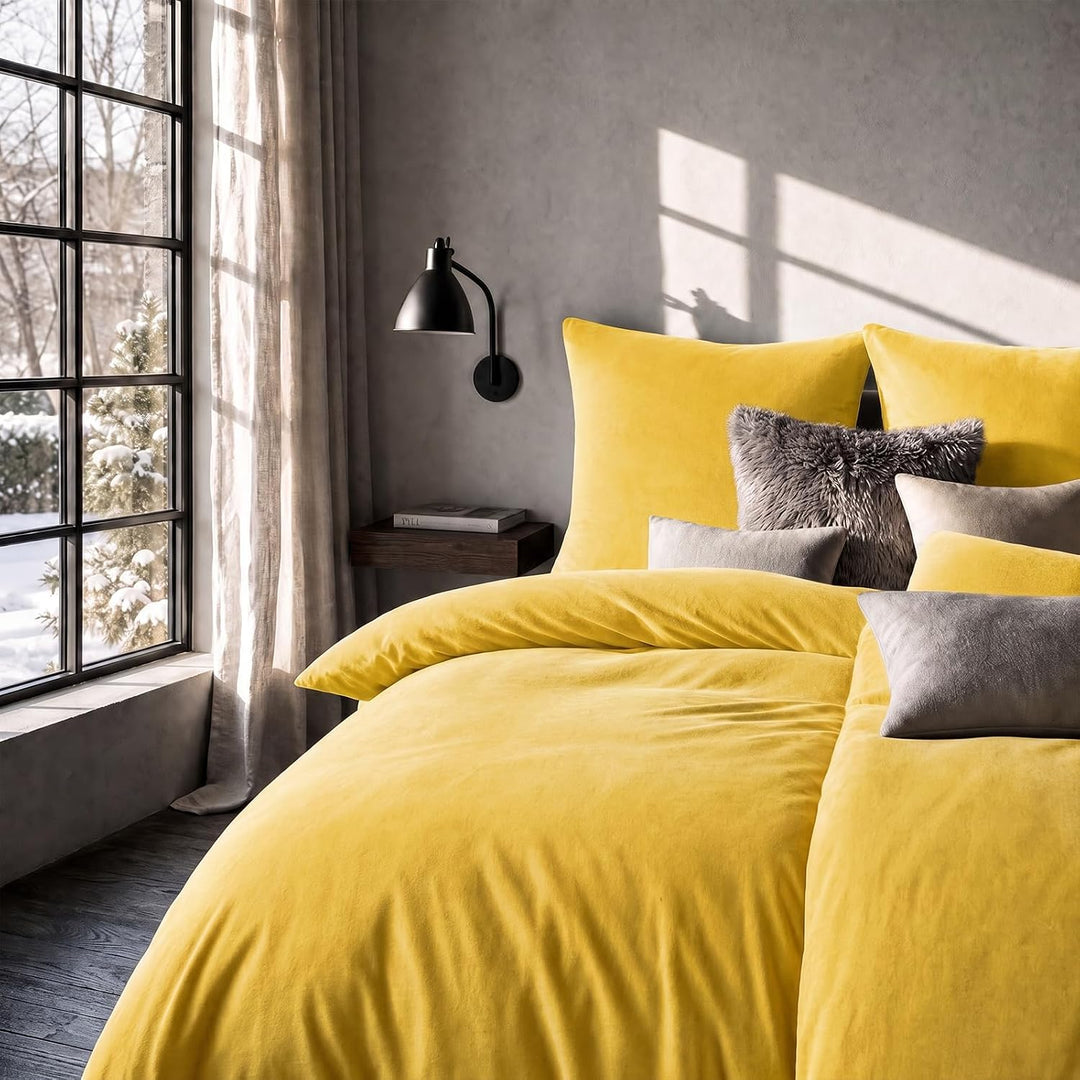 Soifox Winter Flanell Bettwäsche 180x200 - Gelb Flauschige und Warme Cashmere Touch Bettbezug + Kiss
