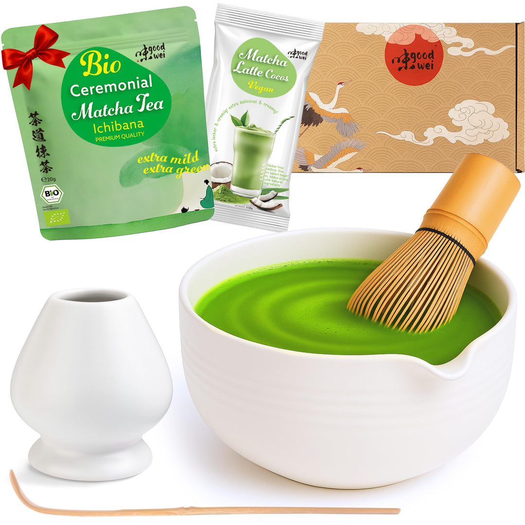 Goodwei Matcha Latte Set mit hochwertiger Matchaschale aus Keramik mit Ausgiesser, Matchabesen und B