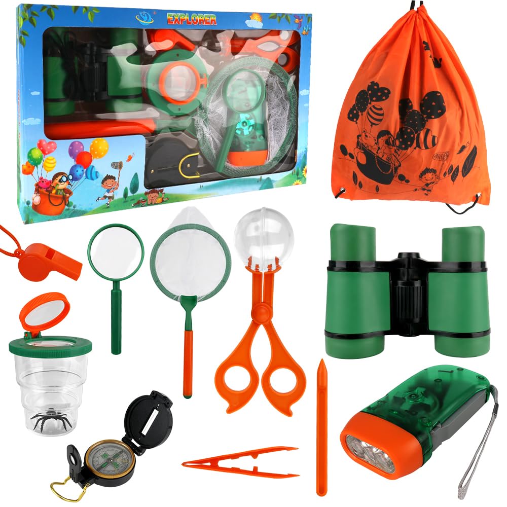 11Pcs Forscherset für Kinder, Entdecker Set für Kinder Mit Fernglas Kinder, Insektenfänger, Kompass,