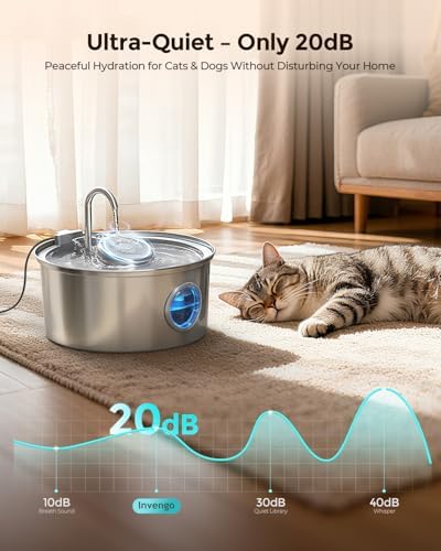 Katzenbrunnen Edelstahl und Ersatzfilter, 3.2L Ultra-Leiser Trinkbrunnen für Katze mit Wasserstandsa