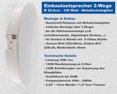 ChiliTec Einbaulautsprecher 34mm Flacher Lautsprecher für Decke Wand 2-Wege 120Watt Rund Ø 255mm Fla