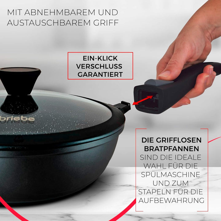 briebe Pfannenset Induktion 2 Abnehmbare Griffe 2-Teilig Pfannen Tiefe 24cm, 28cm mit Glasdeckel Gus