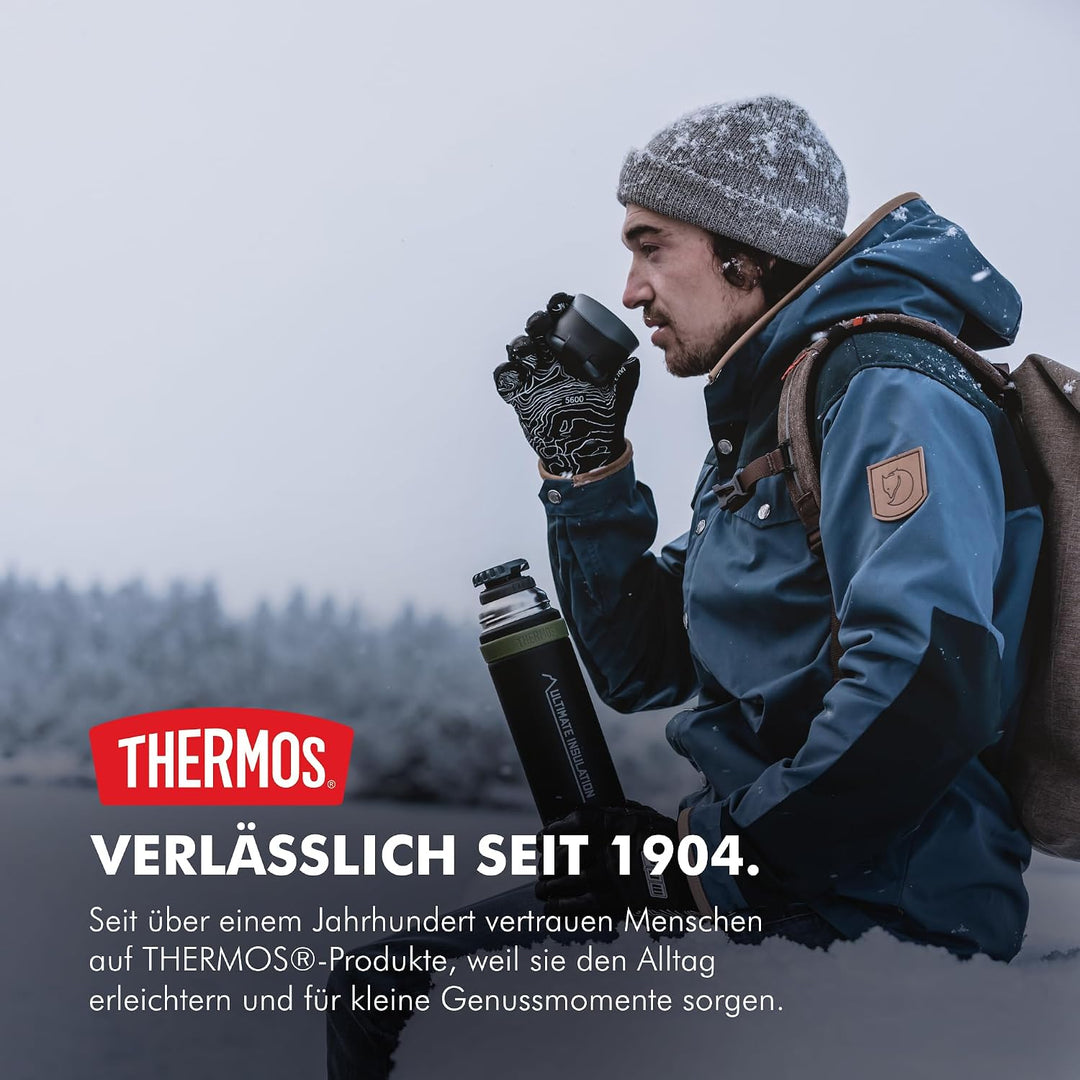 THERMOS MOUNTAIN BEVERAGE BOTTLE 0,75l, black, Thermosflasche Edelstahl mit Trinkbecher, 24 h heiss