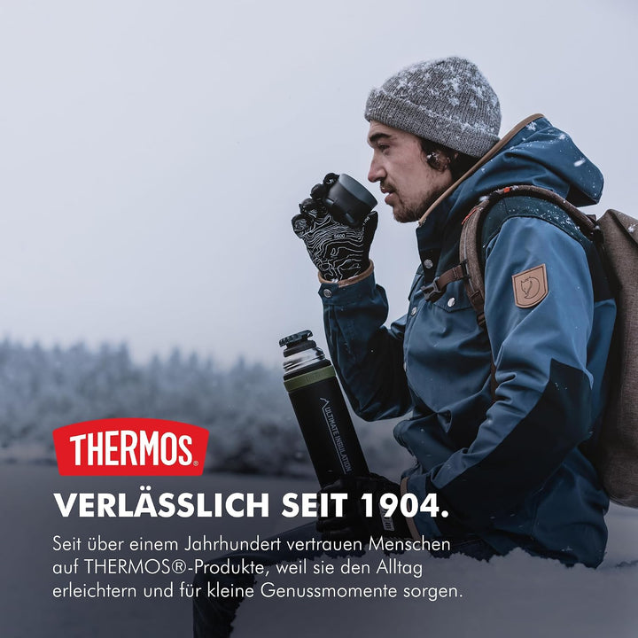 THERMOS MOUNTAIN BEVERAGE BOTTLE 0,75l, black, Thermosflasche Edelstahl mit Trinkbecher, 24 h heiss