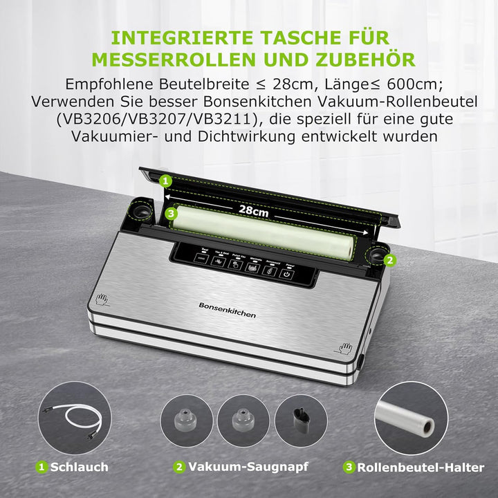 Bonsenkitchen Vakuumierer, Stark Vakuumiergerät mit 5 Modi, 8 L/Min, Globefish-Technologie für Konti