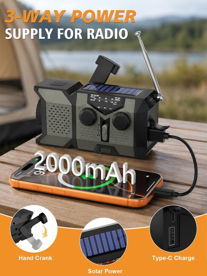 Notfall-Solarradio, Tragbares Kurbelradio mit 3-Wege-Laden, AM/FM/SW Weltempfänger, LED Taschenlampe