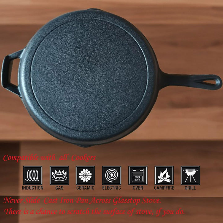 La Cuisine 62000 Cast Iron 25cm Skillet Frying Pan – Matte-Black Enamel coating Thermal Resistant Si
