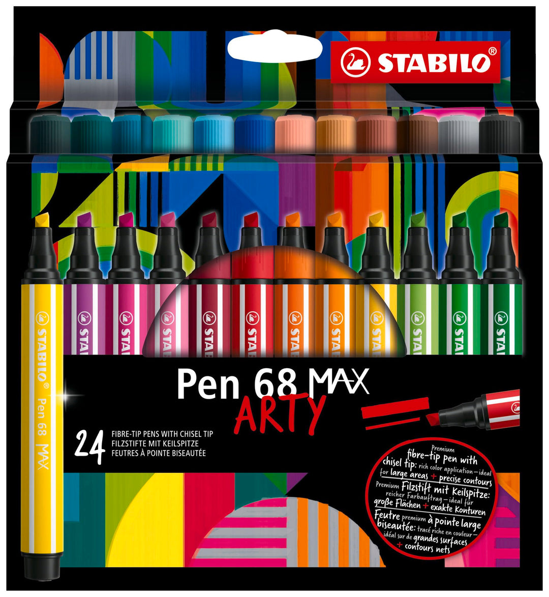 Premium-Filzstift mit dicker Keilspitze - STABILO Pen 68 MAX - ARTY - 24er Pack - mit 24 verschieden