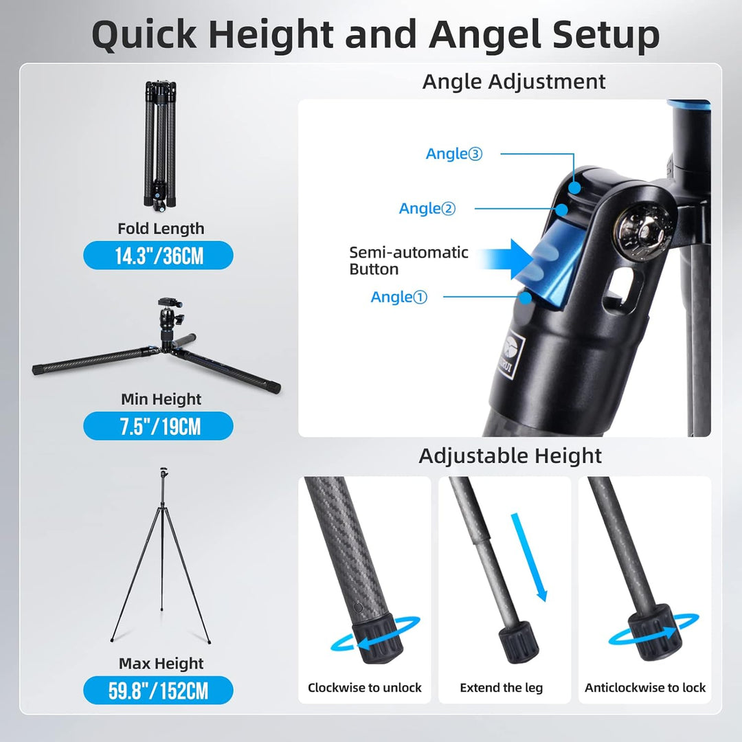 SIRUI Carbon Kamera Stativ mit B-00K Kugelkopf, 151,9 cm kompaktes,Schnellverschluss-Bein,wendbare M