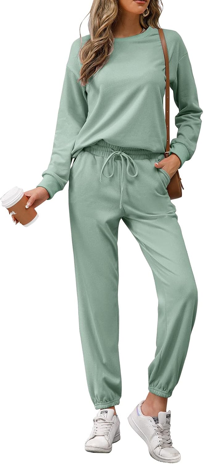 REORIA Damen Tracksuit Langarm Rundhalsausschnitt Einfarbig Zweiteiler Outfit Hoodie Jogger Training