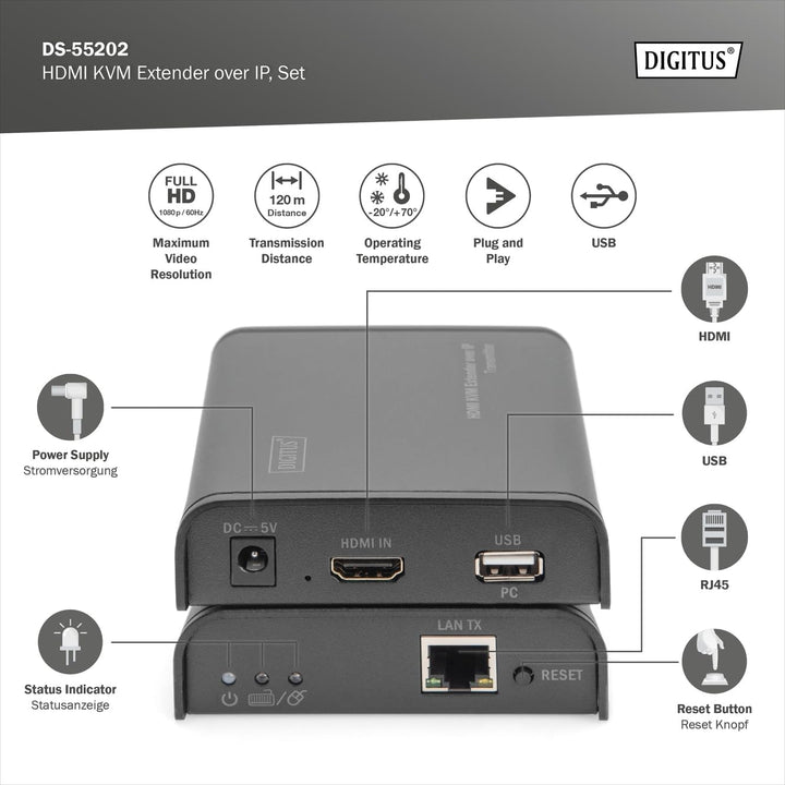 DIGITUS Professional DS-55202 - HDMI Netzwerk-KVM-Extender - IP-fähig - Cat 5e, Cat 6 - Set (Sender/