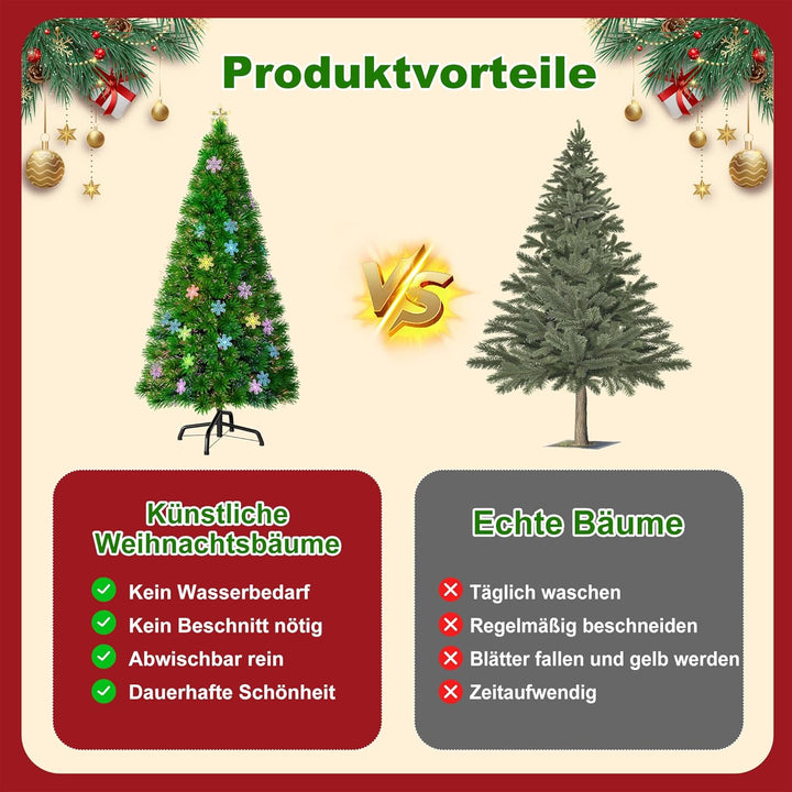 Aufun Weihnachtsbaum Künstlicher 210 cm mit LED Glasfaser und Schneeflocken Weihnachtsdeko Christbau