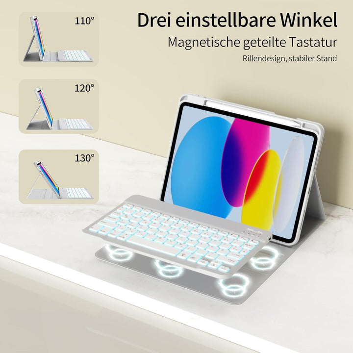 Hülle mit Tastatur für iPad A16 2025 / iPad 10. Generation 2022, RGB Bluetooth Magnetische Tastatur,