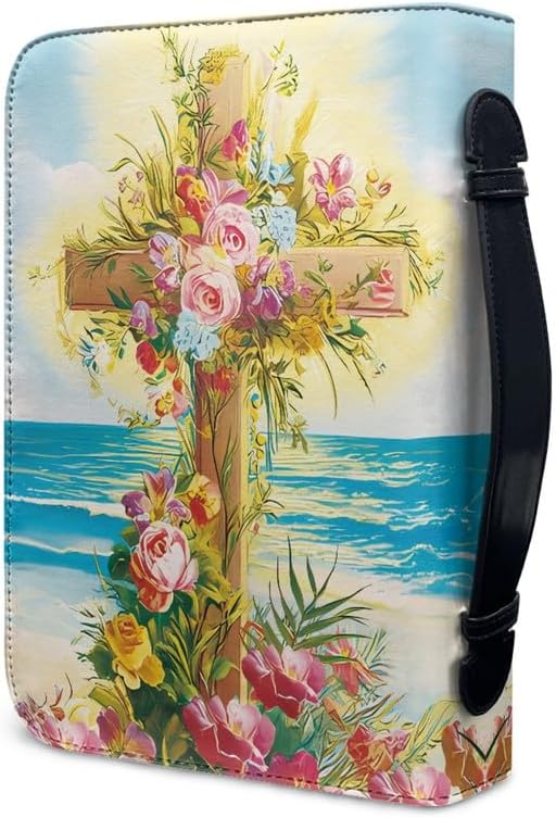 Kuiaobaty Gemaltes Kreuz Blumen Bibeletui mit Griff, Meereslandschaft Vegan PU Leder Buchhülle mit R