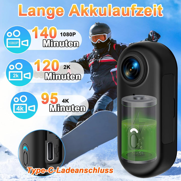 Helmkamera für Motorrad &amp; Fahrrad, 4K WiFi wasserdicht mit Weitwinkel | Daumengross, 30m wasserdicht