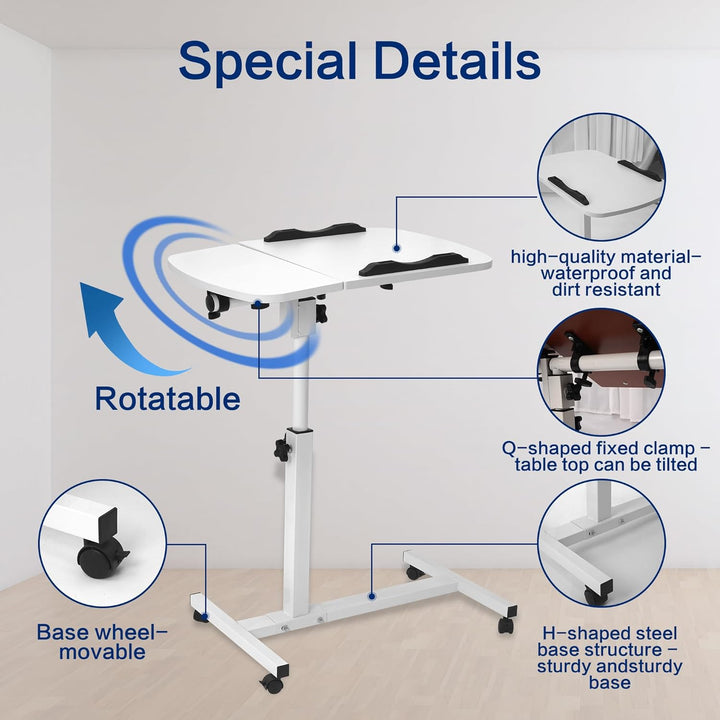 mosegor Mobiler Beistelltisch Höhenverstellbarer Pflegetisch für Bett mit 4 Rollen, 60×40cm Laptopti