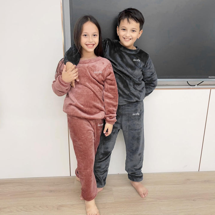 LACOFIA Kinder Jungen Mädchen Schlafanzüge Warme Polar Fleece Pyjama Set Kleinkind Winter Langarm Ha