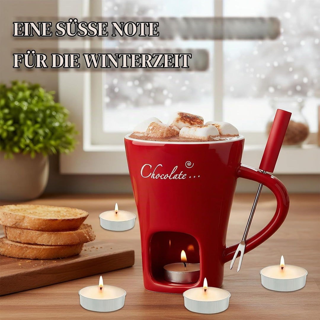 Schokofondue Tasse, 200ml Schokoladen Fondue Becher Set, Keramik Schokoladenfondue Set, mit Gabel un