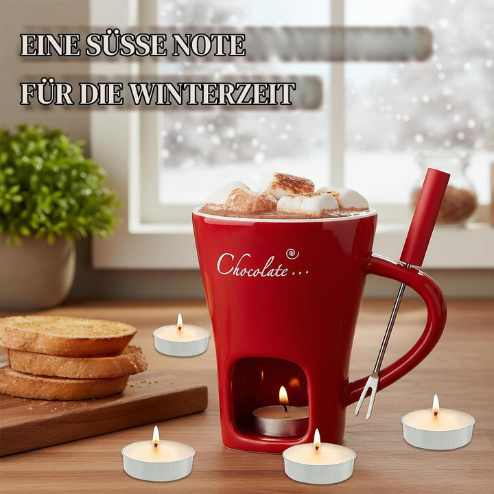Schokofondue Tasse, 200ml Schokoladen Fondue Becher Set, Keramik Schokoladenfondue Set, mit Gabel un
