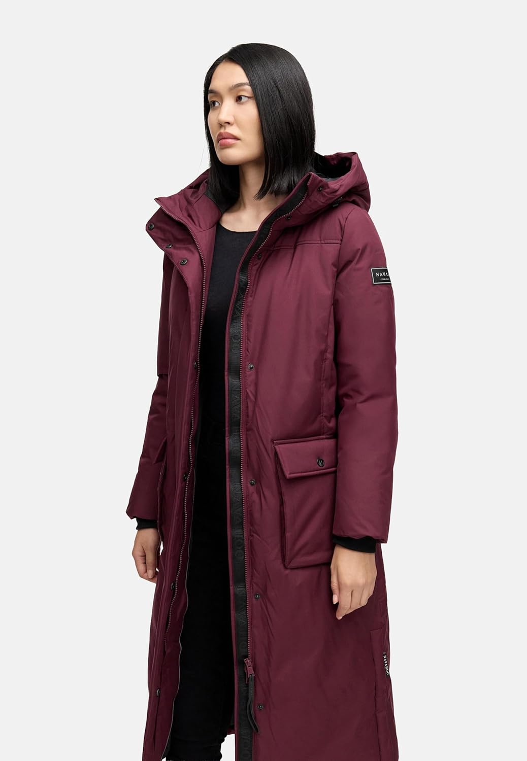 Navahoo Damen Wintermantel warmer Mantel extralang mit Kapuze Wolkenfrost XIV XS-XXL XS Wine, XS Win