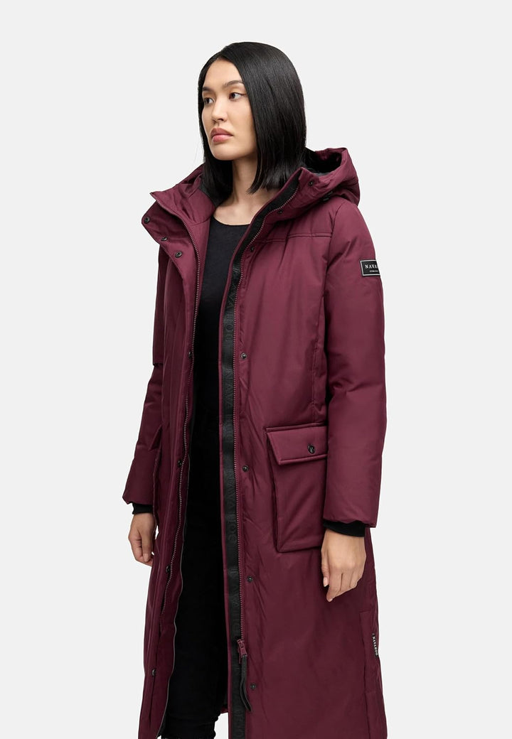 Navahoo Damen Wintermantel warmer Mantel extralang mit Kapuze Wolkenfrost XIV XS-XXL XS Wine, XS Win