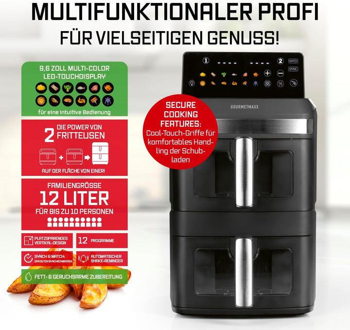 GOURMETmaxx FryUp XL vertikale Doppelkammer Heissluftfritteuse mit Sichtfenster - 12 L | Airfryer mi