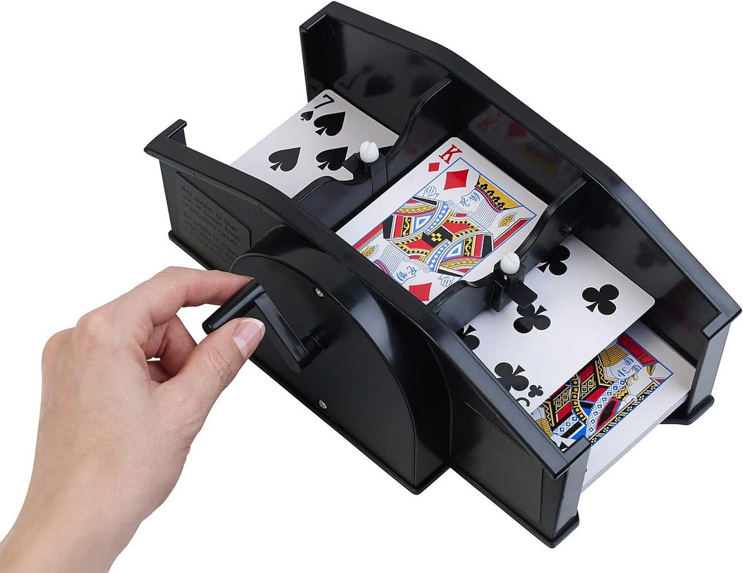 Kartenmischmaschine: Manuelle Kartenmisch-Maschine für 2 Decks á 54 Karten, schwarz (Kartenmischgerä