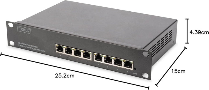 DIGITUS Gigabit Ethernet Netzwerk-Switch - 10 Zoll - 8 Ports - L2+ Managed - VLAN, Link Aggregation
