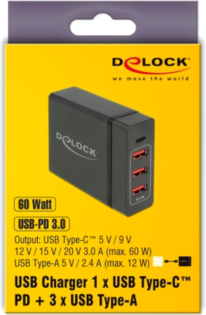 Delock Netzteil extern USB Type-C PD3.0 + 3X USB A Buchse 60W+12W schwarz