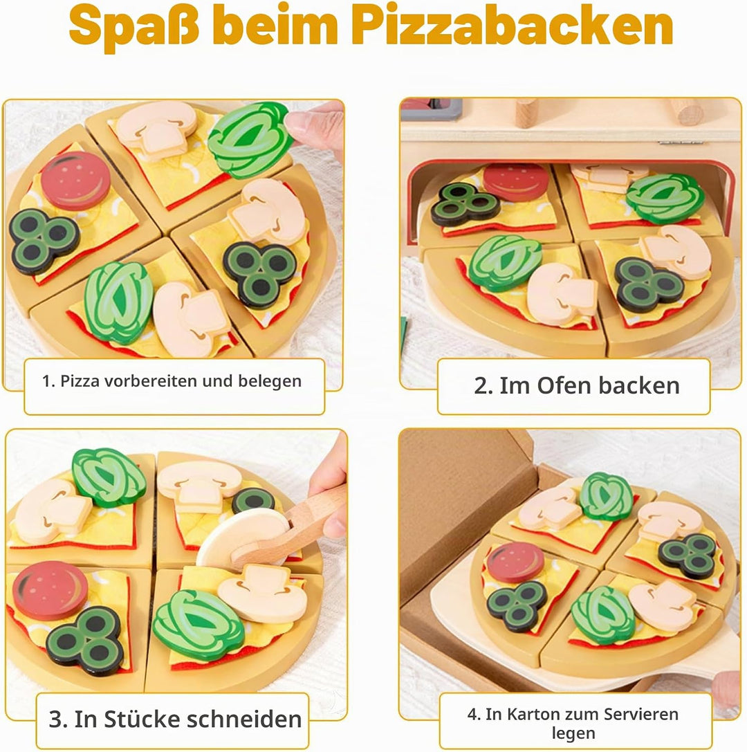 Pizza Holzspielzeug Kinderküche, Spielküche Zubehör Holz, 50PCS Pizzaofen mit Pizzaschneider, Küchen