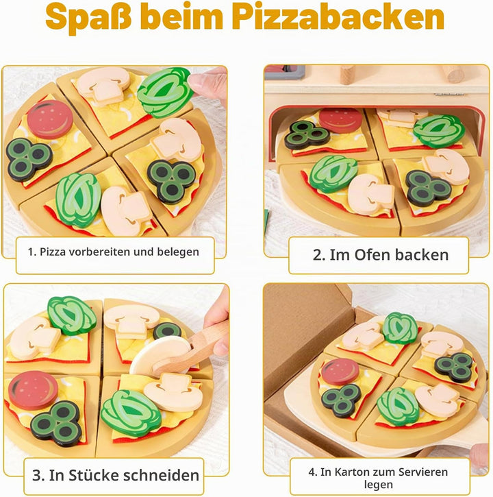Pizza Holzspielzeug Kinderküche, Spielküche Zubehör Holz, 50PCS Pizzaofen mit Pizzaschneider, Küchen