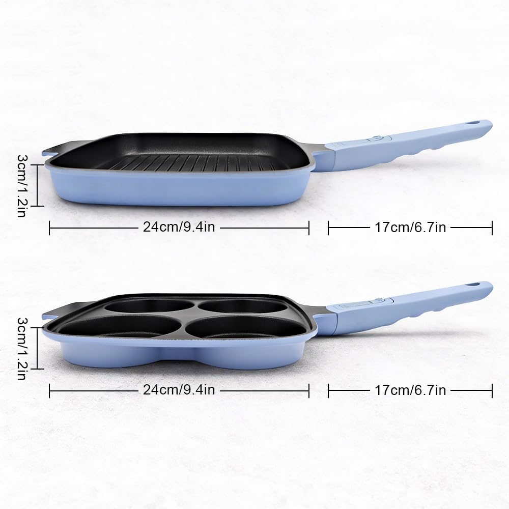 Pfannenset 2-teilig, Spiegeleipfanne mit Deckel 4 Loch + Grillpfanne Induktion 26 x 24 cm, Abnehmbar