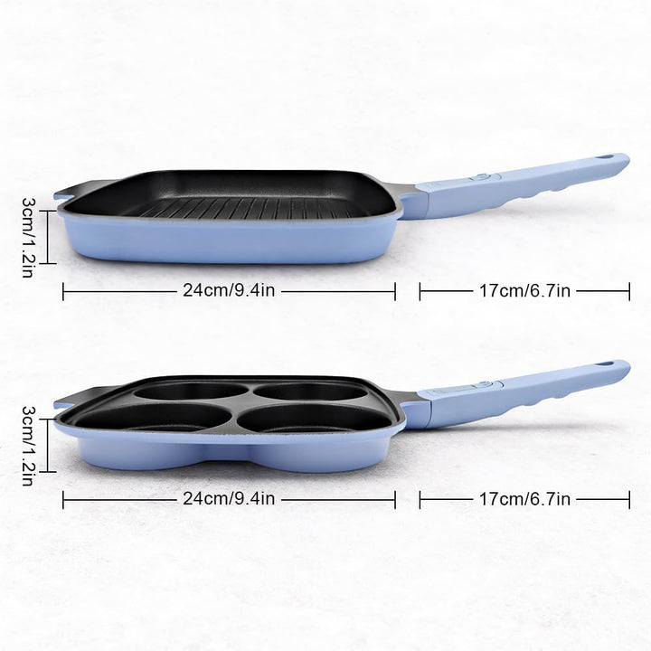 Pfannenset 2-teilig, Spiegeleipfanne mit Deckel 4 Loch + Grillpfanne Induktion 26 x 24 cm, Abnehmbar
