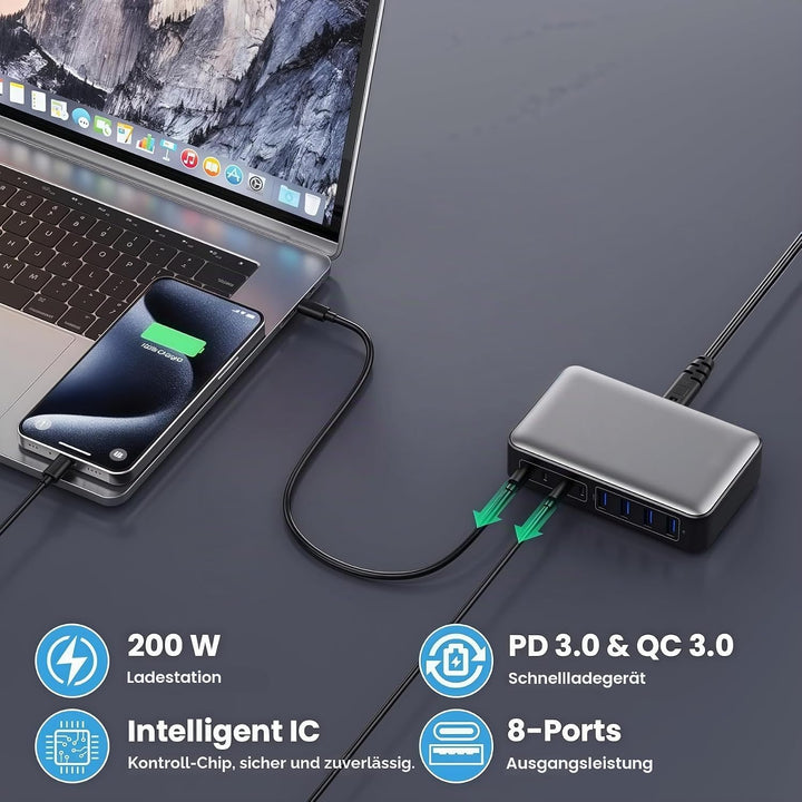 USB C Ladegerät 8-Port Charger Adapter Handy Ladestation 200W USB Netzteil mit 4*USB-C 4*USB-A-Ladep