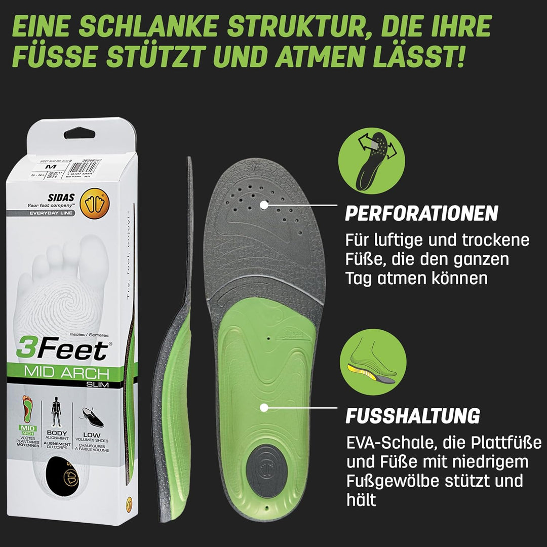 Sidas 3Feet Slim Mid Einlegesohlen/Sportschuhe, Schwarz/Grün, S