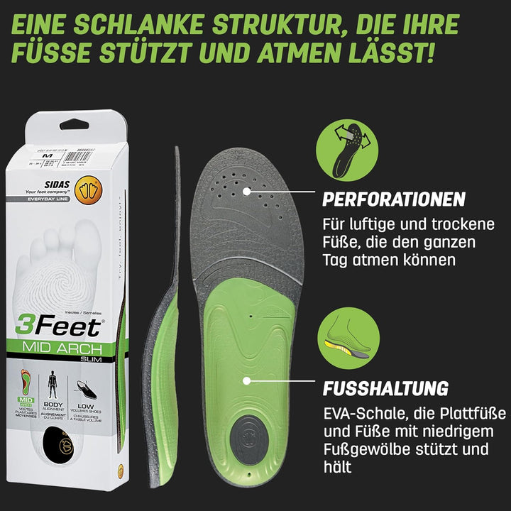 Sidas 3Feet Slim Mid Einlegesohlen/Sportschuhe, Schwarz/Grün, S