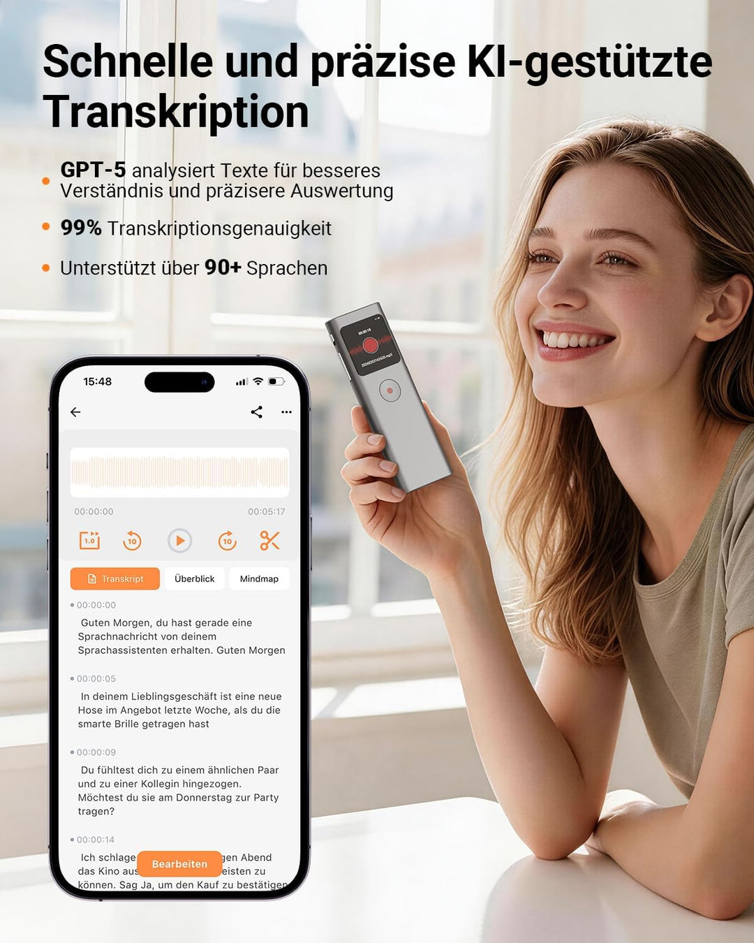 KI Digitales Diktiergerät, Transkribieren und Zusammenfassen, Sprachaktivierte Aufnahme mit Playback