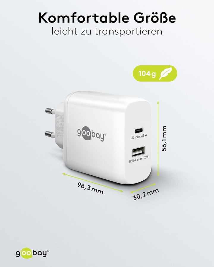 Goobay 65412 Dual Ladegerät 45W / USB-C &amp; USB-A Schnellladegerät Power Delivery/Ladenetzteil mit 2 U