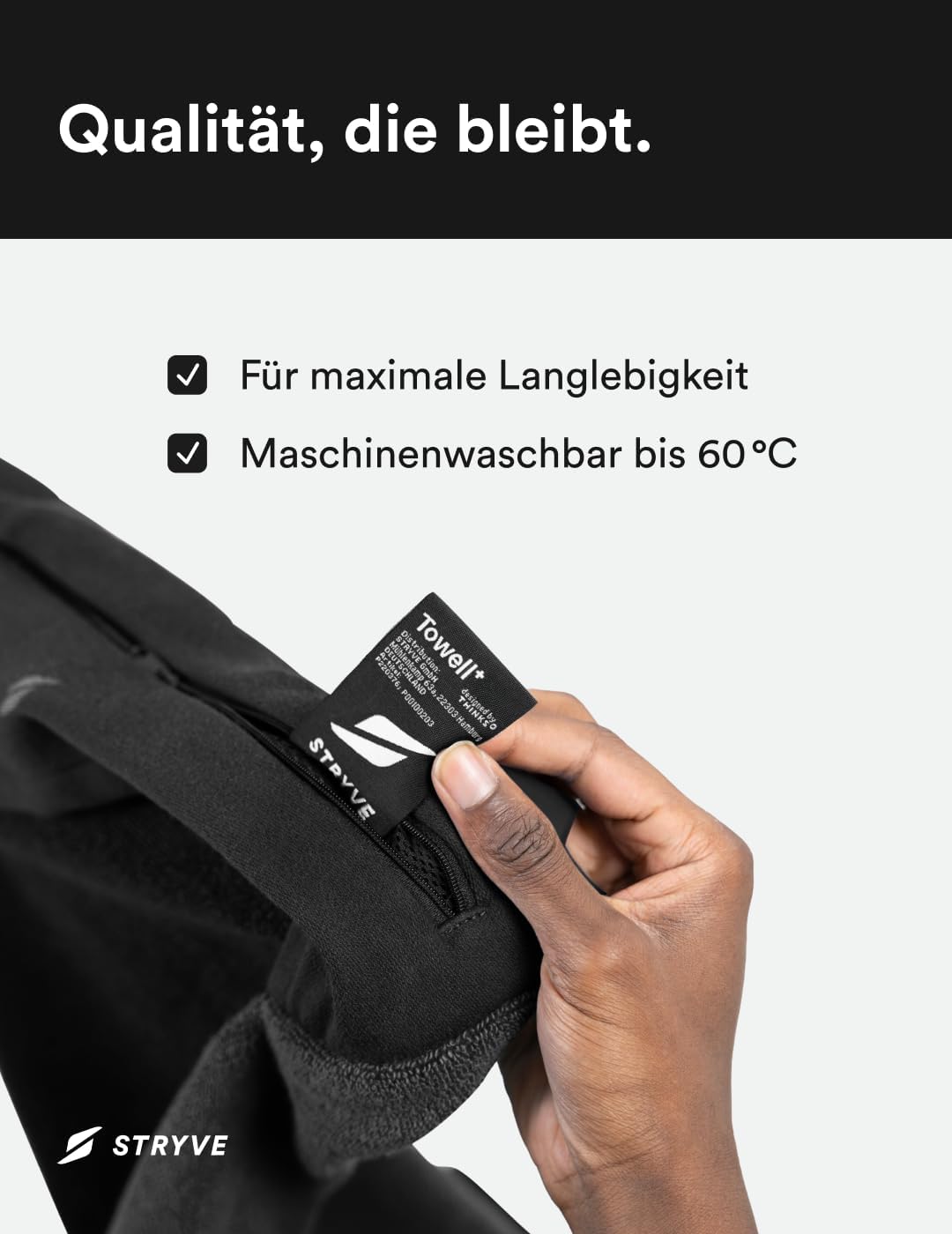 STRYVE Sporthandtuch – Das Original aus DHDL – Towell+ – Graphite Black – 90 x 40 cm – Magnetclip &