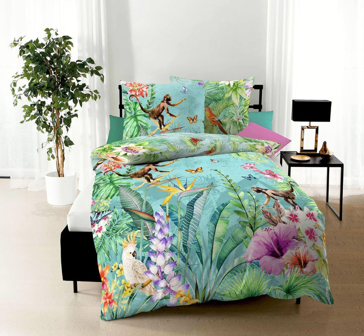 Kaeppel Mako Satin Digitaldruck Bettwäsche 2 TLG. Äffchen Dschungel Kakadu Schmetterling Bunt Urwald
