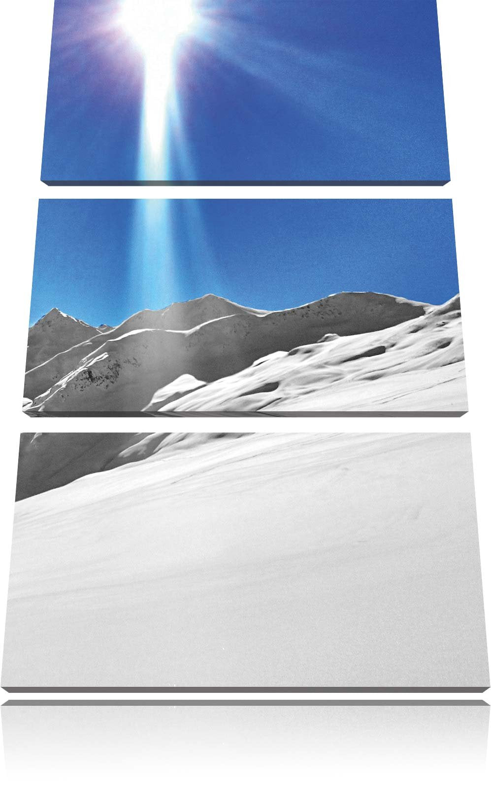 Pixxprint Weite weisse Berglandschaft im Winter schwarz/weiss 3-Teiler Leinwandbild 120x80 Bild auf