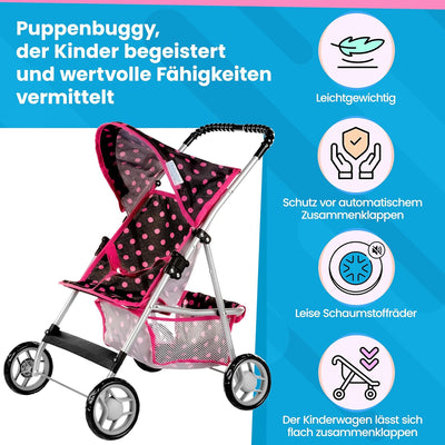 Kinderplay Puppenwagen, Puppenbuggy ab 3 Jahre - Puppen Buggy Puppe mit Anschnallgurt und Einkaufsne