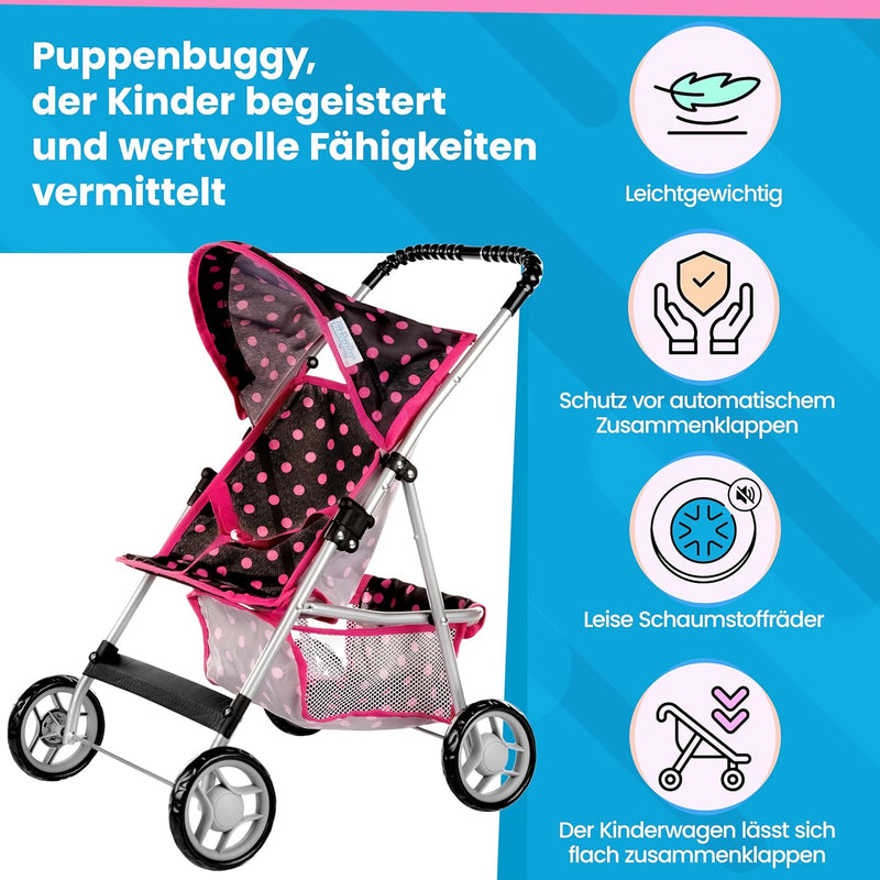 Kinderplay Puppenwagen, Puppenbuggy ab 3 Jahre - Puppen Buggy Puppe mit Anschnallgurt und Einkaufsne