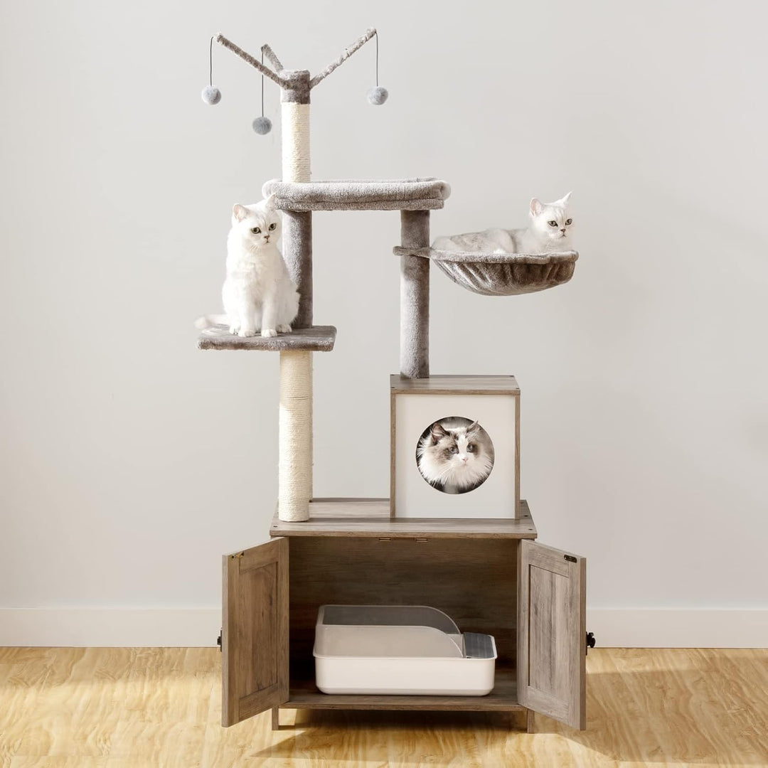 HOOBRO Kratzbaum mit Katzenklo-Schrank, 2-in-1 Katzenbaum, 150 cm, versteckte Katzentoilettenmöbel,