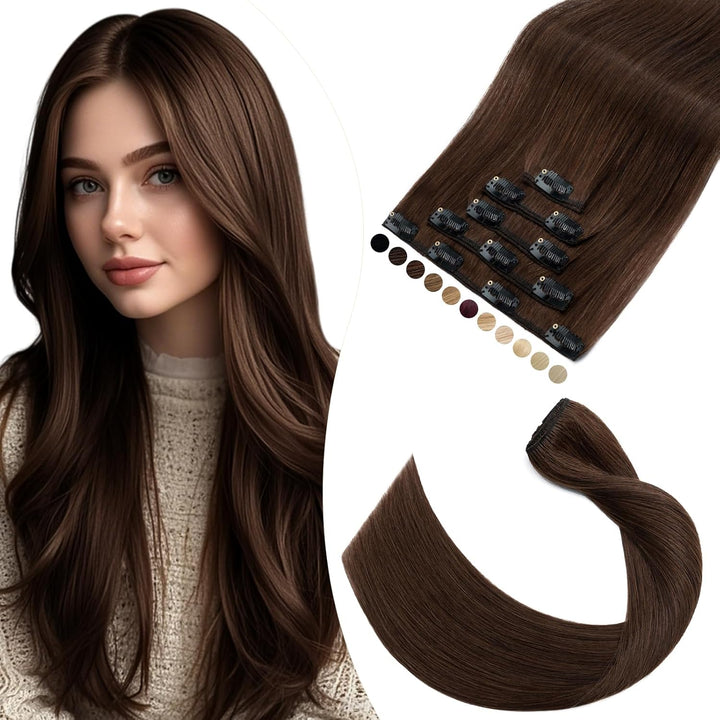 Elailite Clip in Extensions Echthaar, 5 Pcs Remy Haarverlängerung mit 12 Clips, 60cm-75g Glattes Haa
