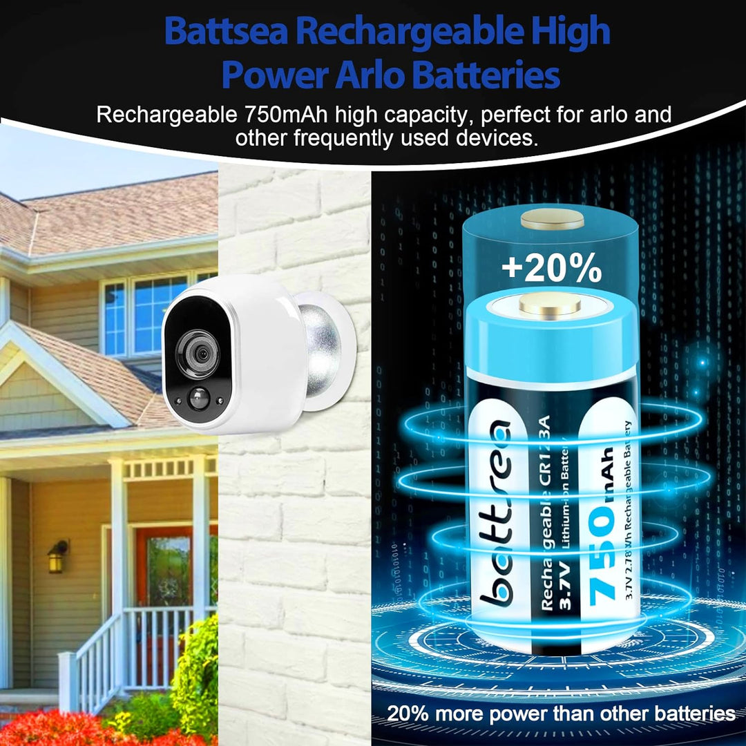 Battsea 123A Rechargeable Lithium Battery 8 Pack 750mAh with Fast Charger for Arlo Camera VMC3030 VM